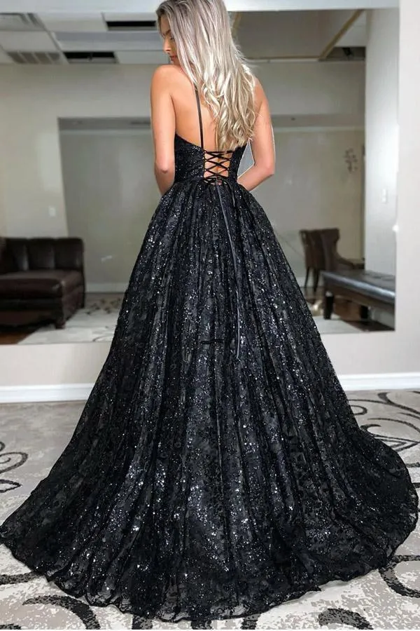 A Line V Neck Spaghetti Straps Black Sequins Prom/Evening Dresses TP0989