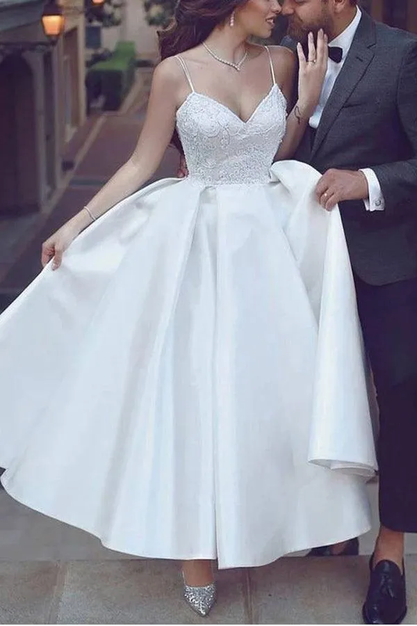 A-Line V Neck Straps Tea Length Satin Wedding Dresses with Appliques TN275