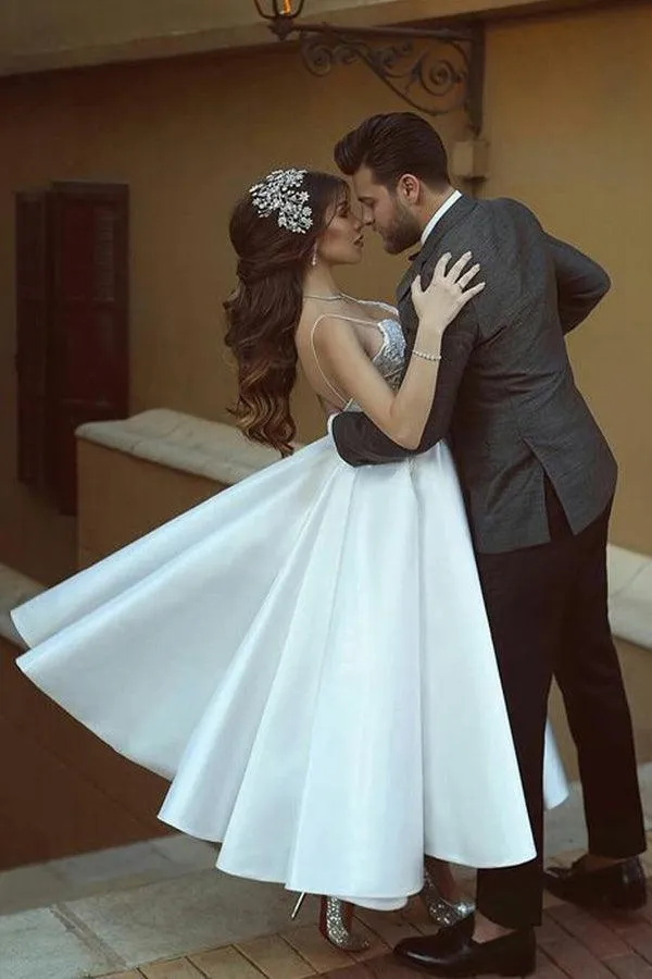 A-Line V Neck Straps Tea Length Satin Wedding Dresses with Appliques TN275