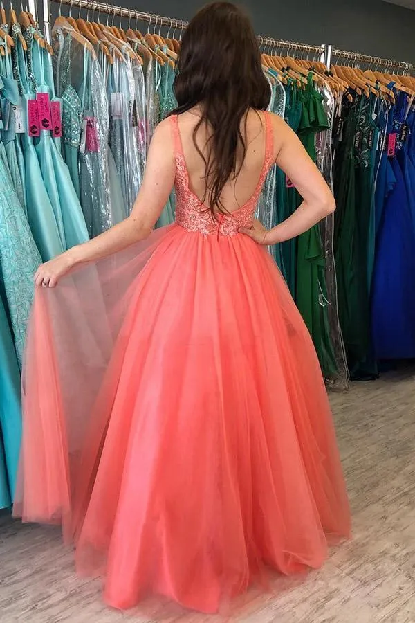 A-line V neck Watermelon Rustic Prom Dresses With Lace Prom Gowns  PSK216