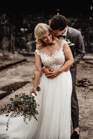 A-Line Wedding Gown with Illusion Neck With Back Lace Appliqued TN220