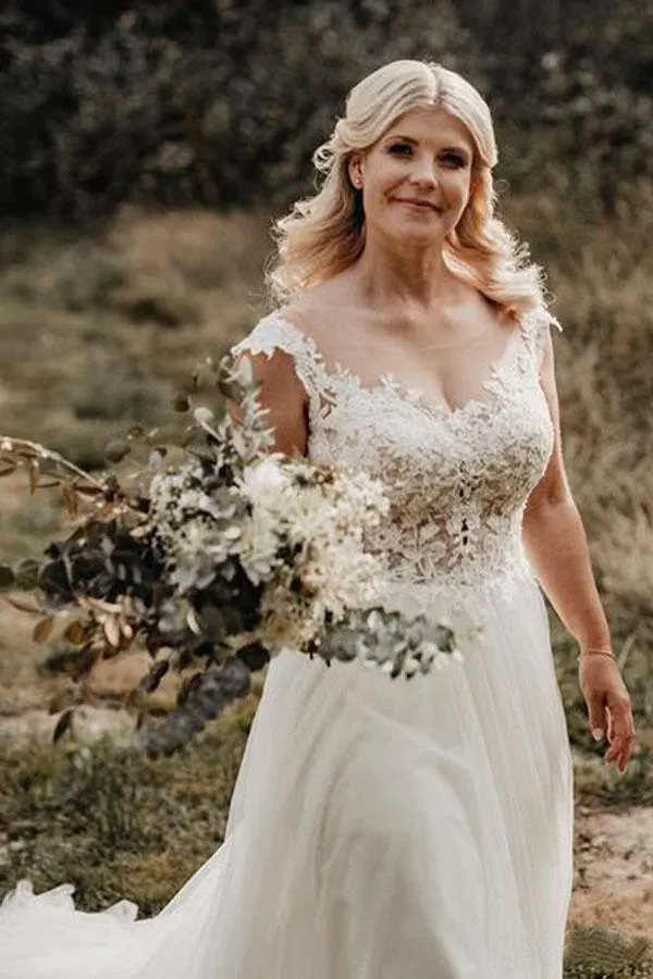 A-Line Wedding Gown with Illusion Neck With Back Lace Appliqued TN220