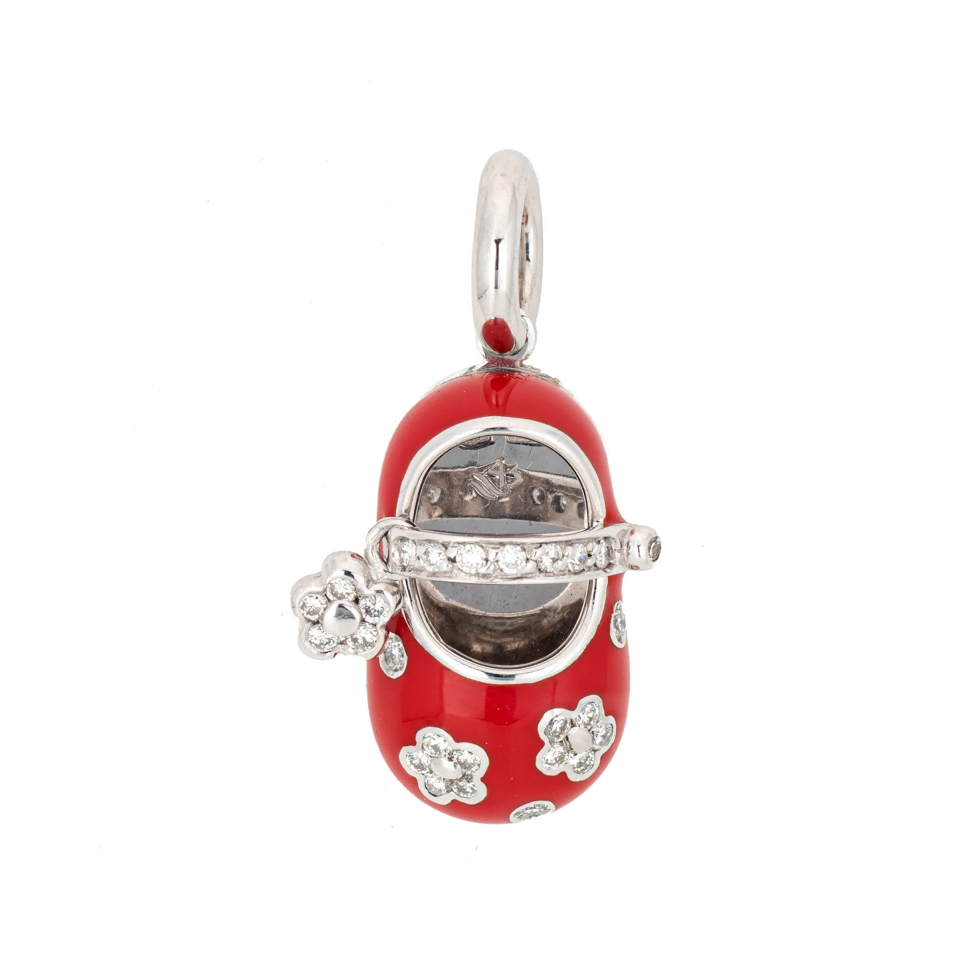 Aaron Basha Diamond Flower Shoe Charm Red Enamel 18k White Gold Signed Jewelry