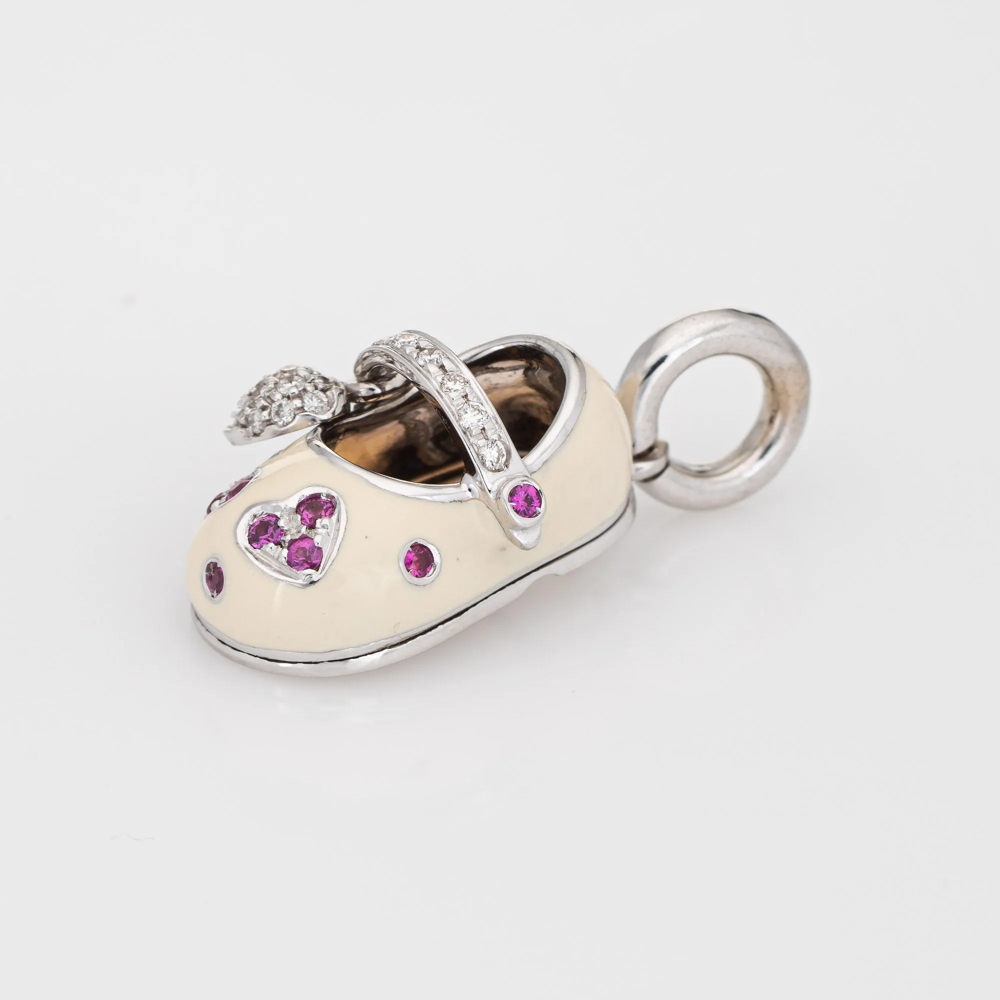 Aaron Basha Diamond Ruby Shoe Charm Hearts 18k White Gold Estate Pendant