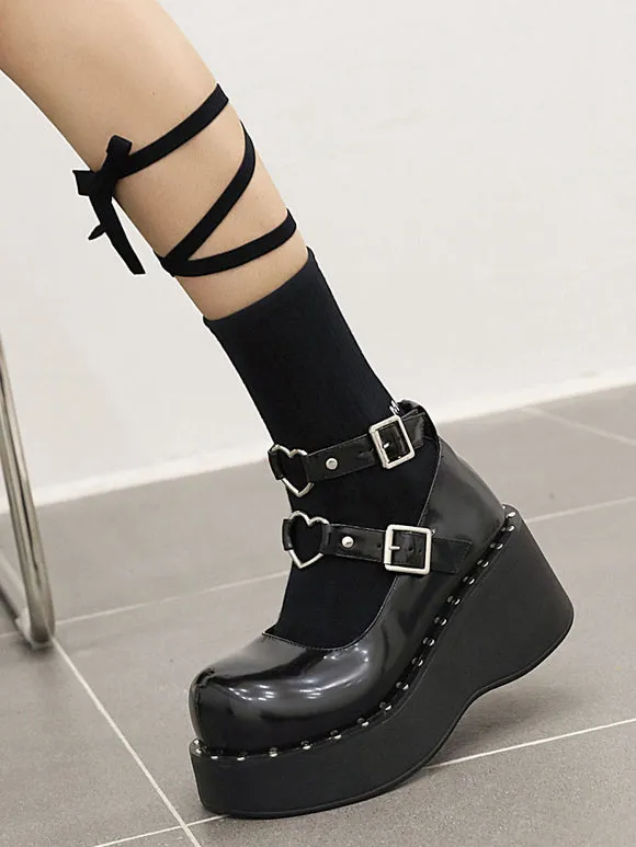 Academic Lolita Footwear Black PU Leather Wedge Heel Lolita Shoes