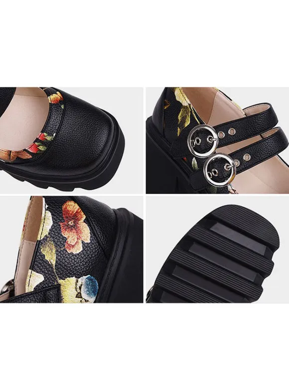Academic Lolita Footwear Black PU Leather Wedge Heel Lolita Shoes