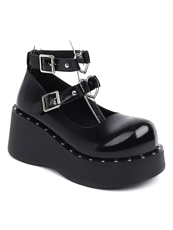 Academic Lolita Footwear Black PU Leather Wedge Heel Lolita Shoes