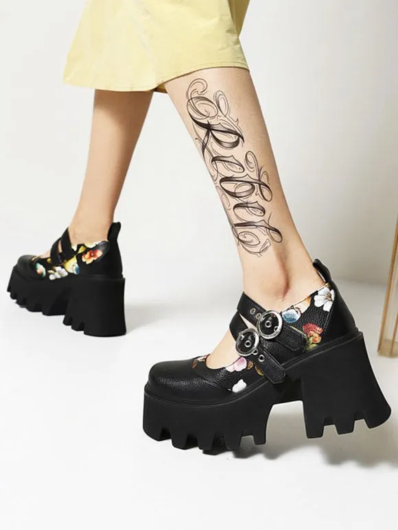 Academic Lolita Footwear Black PU Leather Wedge Heel Lolita Shoes