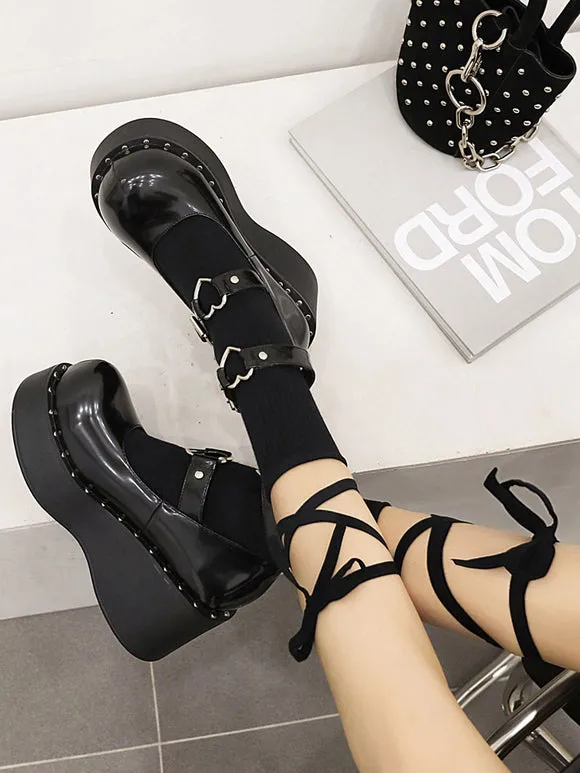 Academic Lolita Footwear Black PU Leather Wedge Heel Lolita Shoes
