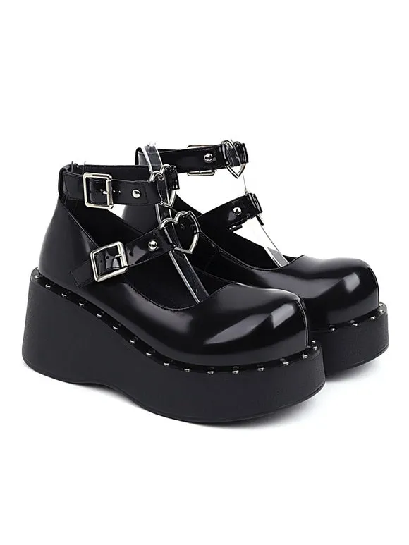 Academic Lolita Footwear Black PU Leather Wedge Heel Lolita Shoes