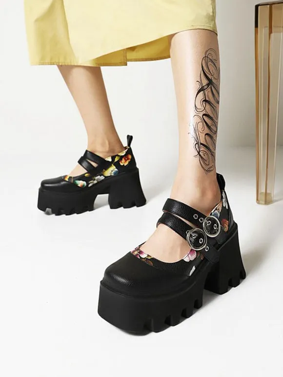Academic Lolita Footwear Black PU Leather Wedge Heel Lolita Shoes