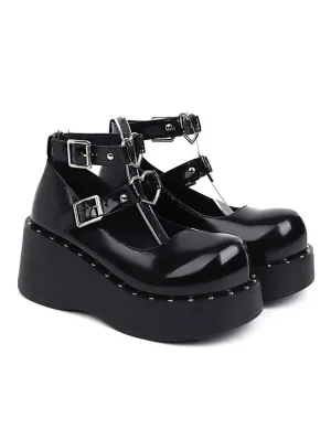 Academic Lolita Footwear Black PU Leather Wedge Heel Lolita Shoes