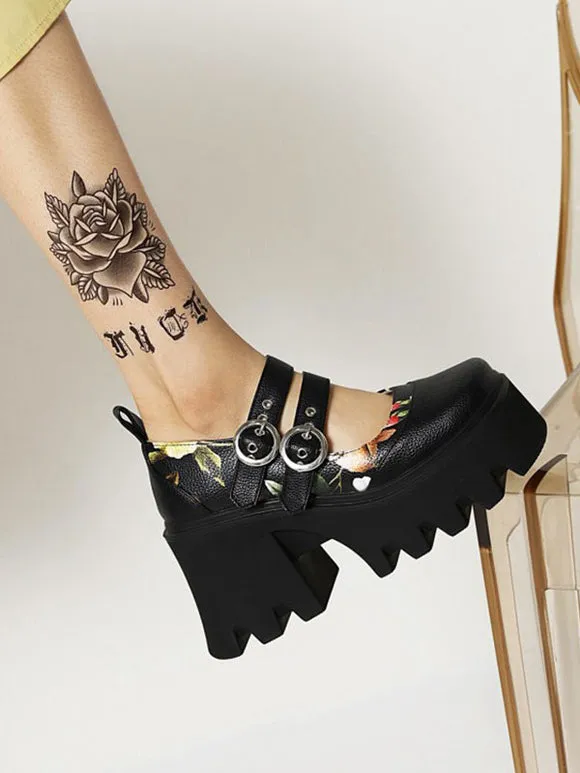 Academic Lolita Footwear Black PU Leather Wedge Heel Lolita Shoes