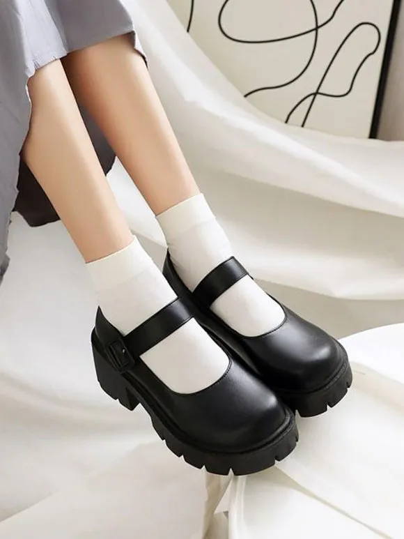 Academic Lolita Footwear Burgundy PU Leather Chunky Heel Lolita Pumps