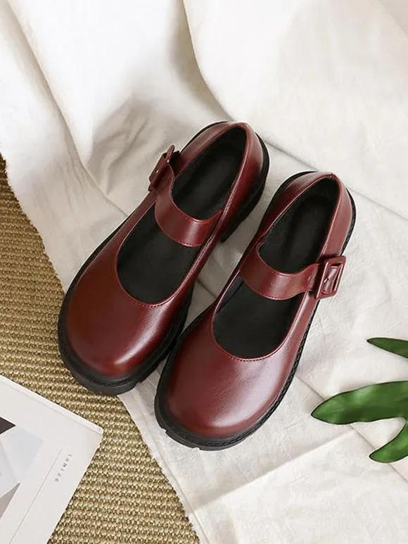 Academic Lolita Footwear Burgundy PU Leather Chunky Heel Lolita Pumps