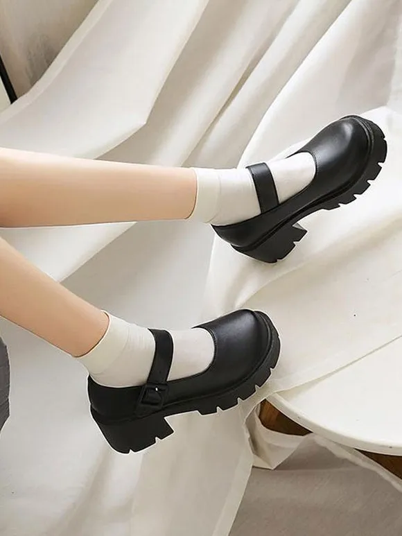 Academic Lolita Footwear Burgundy PU Leather Chunky Heel Lolita Pumps