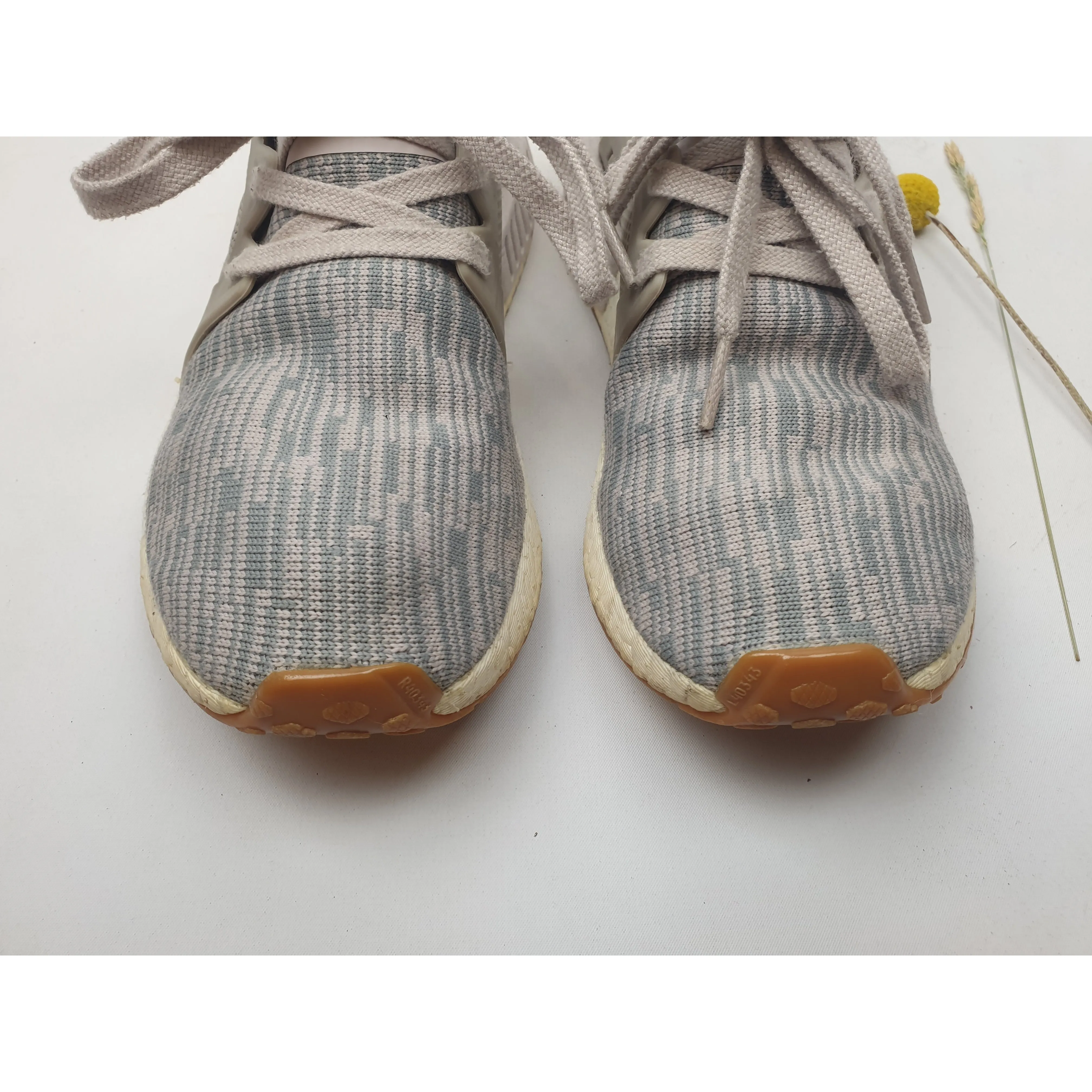 Adidas blue and grey stretchy knit style laceup shoes with chunky white sole size 8