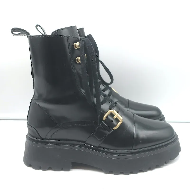 AllSaints Stellar Cap Toe Combat Boots Black Polished Leather Size 8