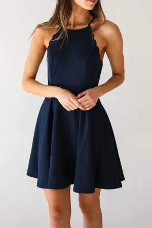 Anneprom A Line Dark Navy Cute Halter High Neck Satin Short Homecoming Dress APH0133