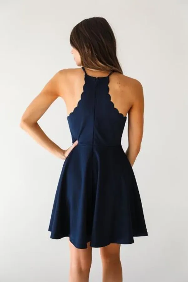 Anneprom A Line Dark Navy Cute Halter High Neck Satin Short Homecoming Dress APH0133