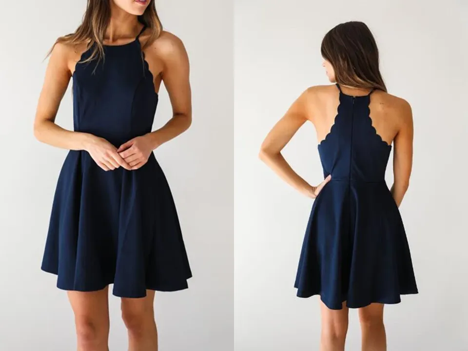 Anneprom A Line Dark Navy Cute Halter High Neck Satin Short Homecoming Dress APH0133