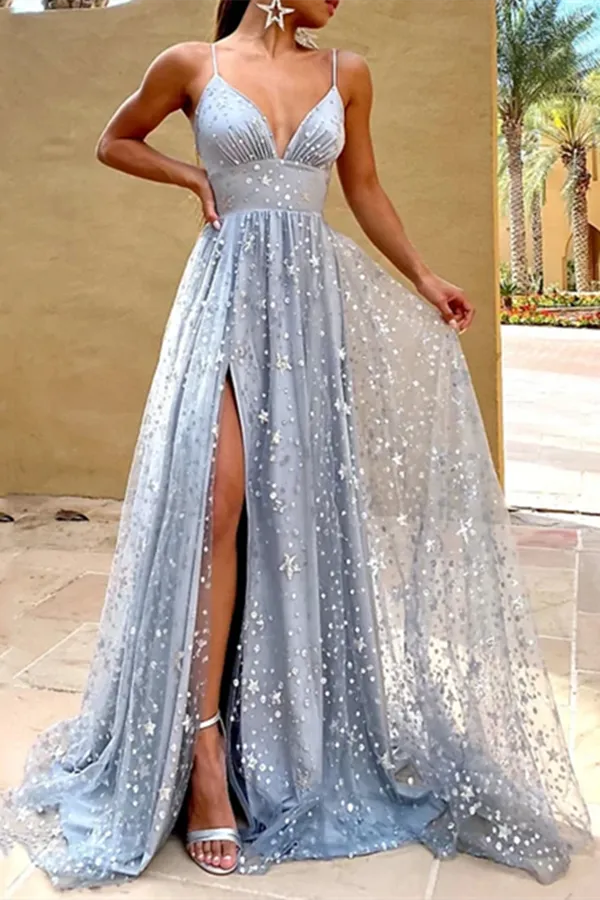 Anneprom A Line Glittering Sexy Engagement Prom Dress V Neck Sleeveless Sequin Split Evening Dress APP0492