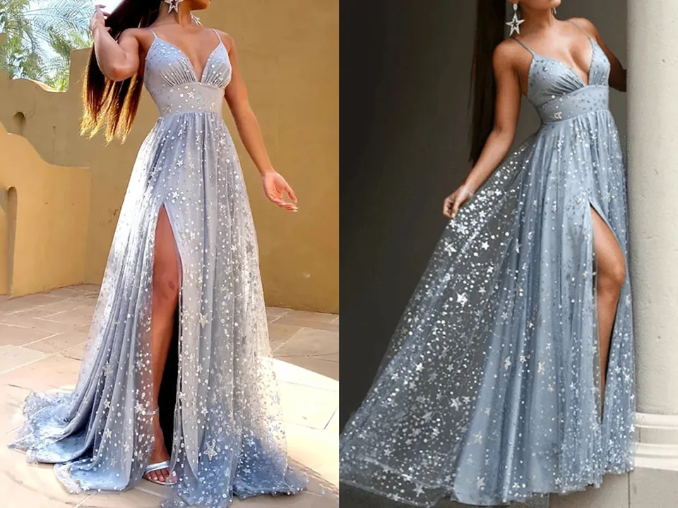 Anneprom A Line Glittering Sexy Engagement Prom Dress V Neck Sleeveless Sequin Split Evening Dress APP0492