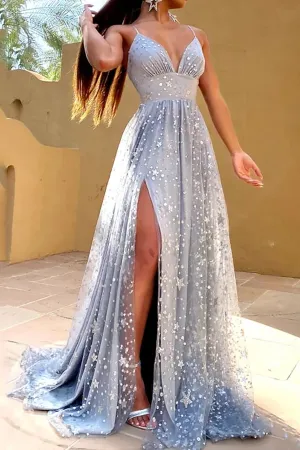 Anneprom A Line Glittering Sexy Engagement Prom Dress V Neck Sleeveless Sequin Split Evening Dress APP0492