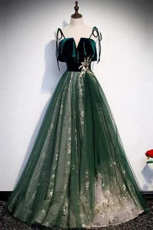 Anneprom A Line green Long Tulle Prom Dress With Lace Appliques APP0461