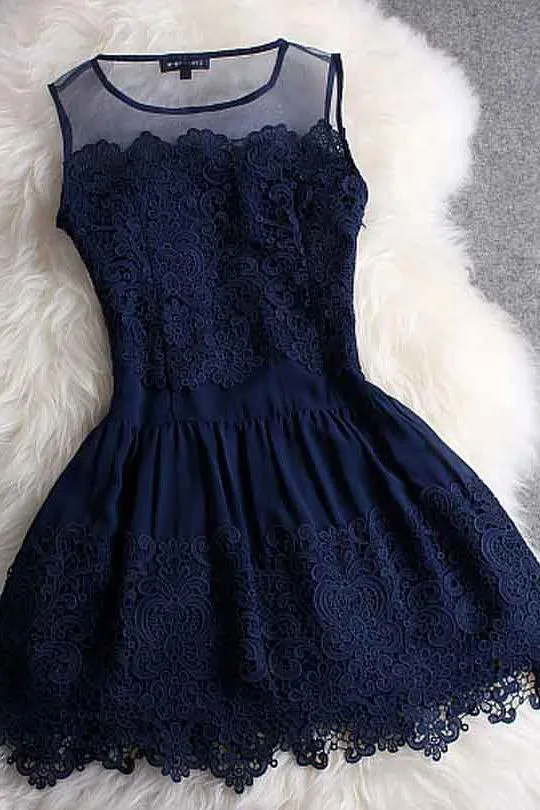 Anneprom A-line Mini Navy Blue Sleeveless Crew Short Homecoming Dresses With Lace APH0070