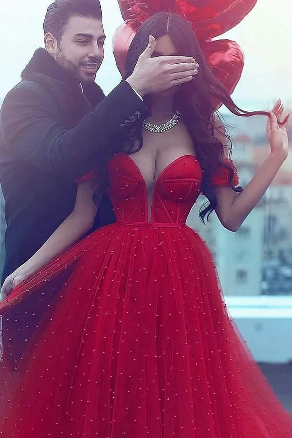 Anneprom A-Line Off-The-Shoulder Court Train Dark Red Tulle Prom Dress APP0253