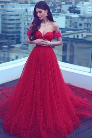 Anneprom A-Line Off-The-Shoulder Court Train Dark Red Tulle Prom Dress APP0253