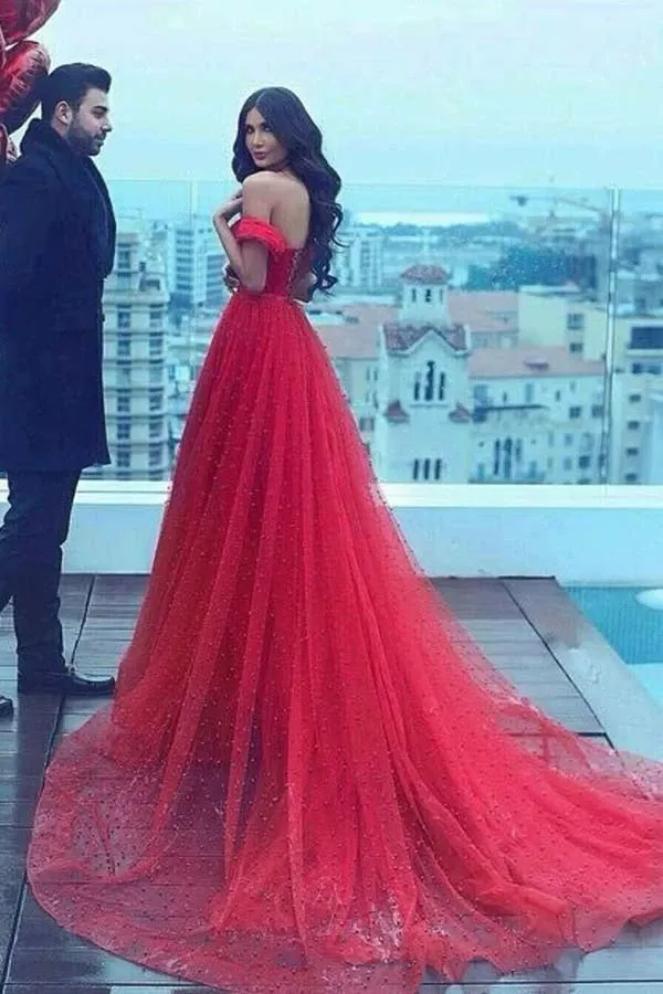 Anneprom A-Line Off-The-Shoulder Court Train Dark Red Tulle Prom Dress APP0253
