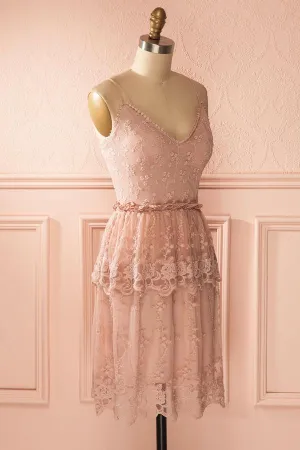 Anneprom A-line Pink Lace Short Prom Dress Spaghetti Straps Cheap Homecoming Dress APH0072