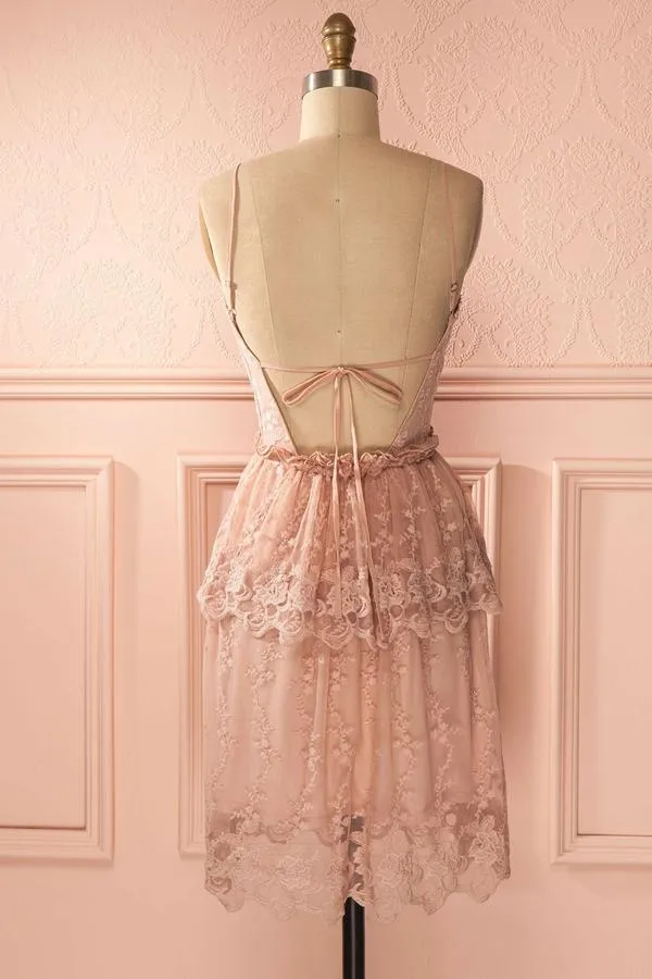 Anneprom A-line Pink Lace Short Prom Dress Spaghetti Straps Cheap Homecoming Dress APH0072