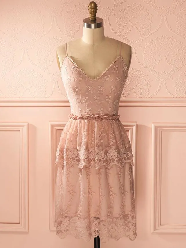 Anneprom A-line Pink Lace Short Prom Dress Spaghetti Straps Cheap Homecoming Dress APH0072