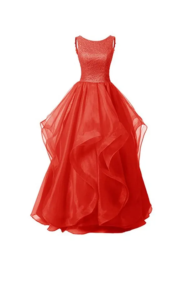 Anneprom A-Line Red Organza Asymmetric Bridesmaid Dress With Beading APB0062