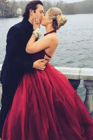 Anneprom A-Line Round Neck Floor-Length Red Tulle Prom Dress With Beading APP0240