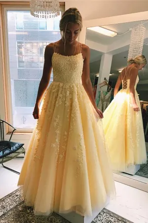 Anneprom A-Line Round Neck Yellow Tulle Lace Prom Dresses Formal Dresses APP0001