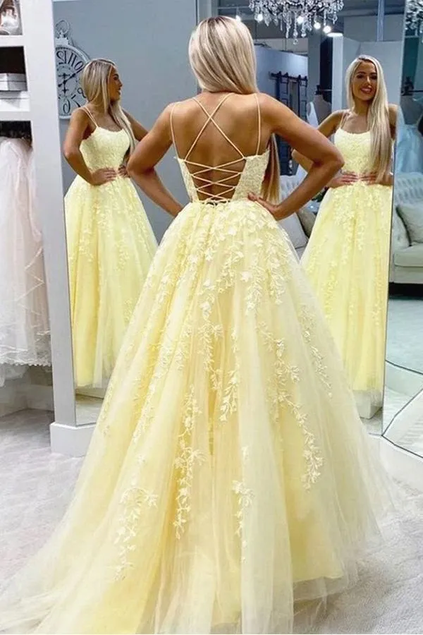 Anneprom A-Line Round Neck Yellow Tulle Lace Prom Dresses Formal Dresses APP0001