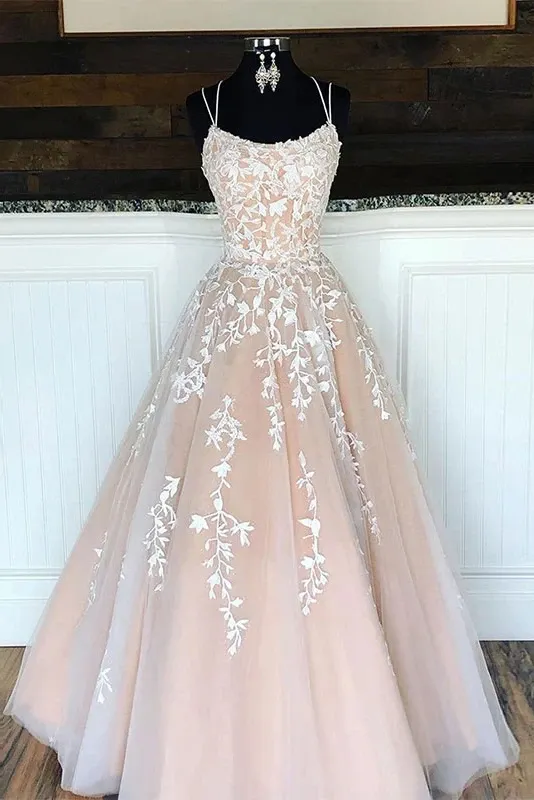 Anneprom A-Line Round Neck Yellow Tulle Lace Prom Dresses Formal Dresses APP0001