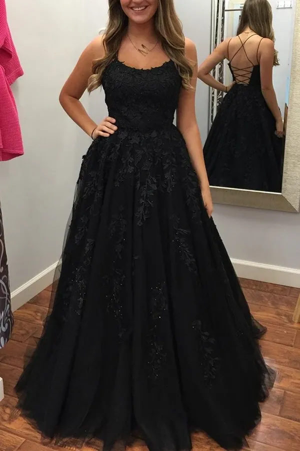Anneprom A-Line Round Neck Yellow Tulle Lace Prom Dresses Formal Dresses APP0001