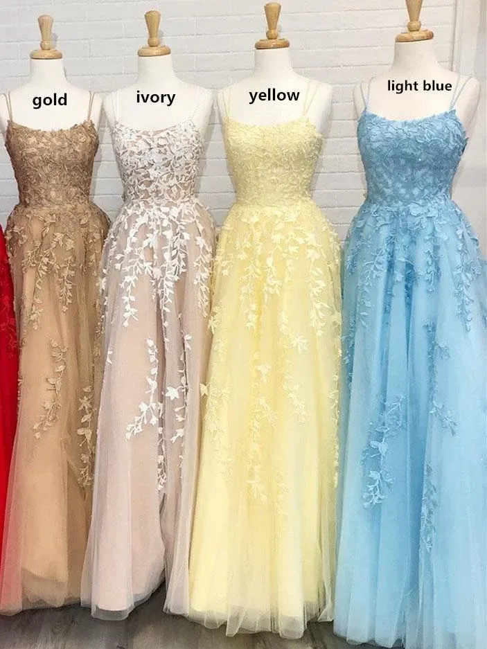 Anneprom A-Line Round Neck Yellow Tulle Lace Prom Dresses Formal Dresses APP0001