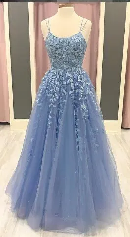 Anneprom A-Line Round Neck Yellow Tulle Lace Prom Dresses Formal Dresses APP0001
