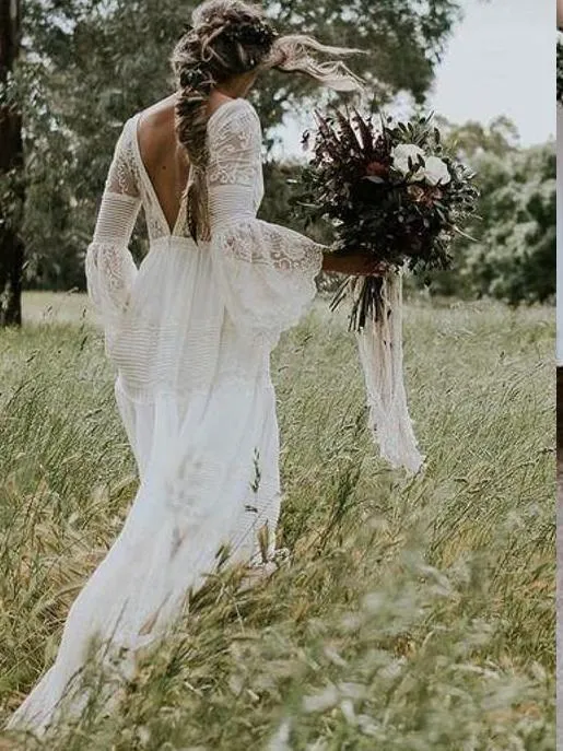 Anneprom A-line V neck Long Sleeve Wedding Dress Rustic Boho Wedding Dress APW0363