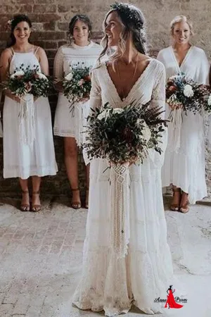 Anneprom A-line V neck Long Sleeve Wedding Dress Rustic Boho Wedding Dress APW0363