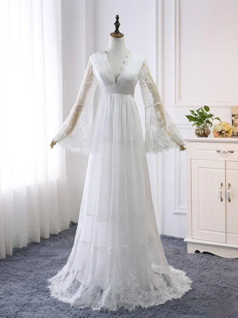 Anneprom A-line V neck Long Sleeve Wedding Dress Rustic Boho Wedding Dress APW0363