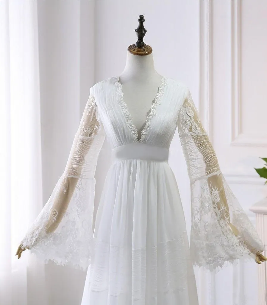 Anneprom A-line V neck Long Sleeve Wedding Dress Rustic Boho Wedding Dress APW0363