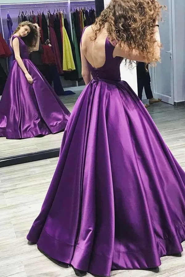 Anneprom Ball Gown V-Neck Sweep Train Satin Sleeveless Backless Prom Dress APP0232