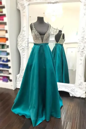 Anneprom Beaded Plunging V-Neckline Floor-Length Teal Green Satin Prom Dress APP0144